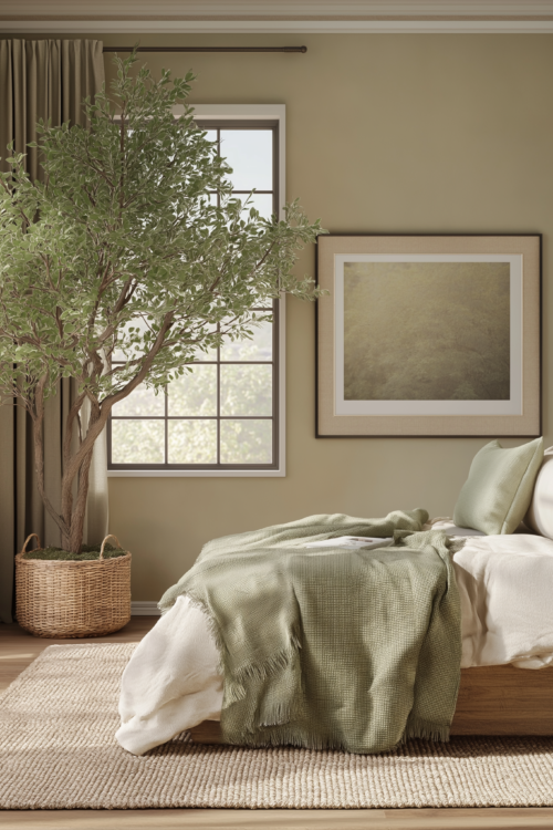 Sage Green Serenity: Organic Modern Bedroom with Brass Accents