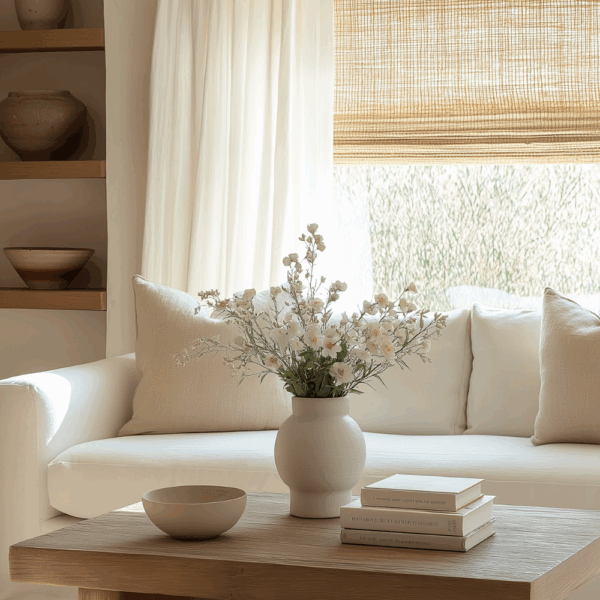 A bright Organic Modern living room with a white sofa, wood coffee table, ceramic vase of spring flowers, and woven window shade.