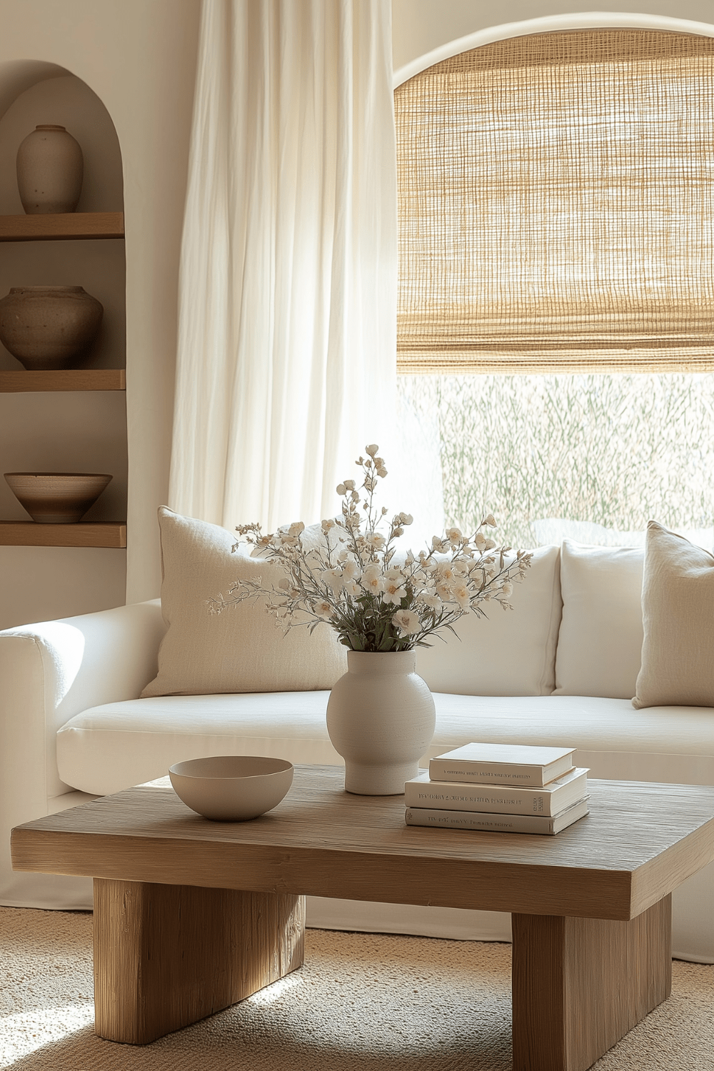 A bright Organic Modern living room with a white sofa, wood coffee table, ceramic vase of spring flowers, and woven window shade.
