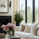 Organic Modern living room with pink peonies, neutral sofa, and spring floral decor.