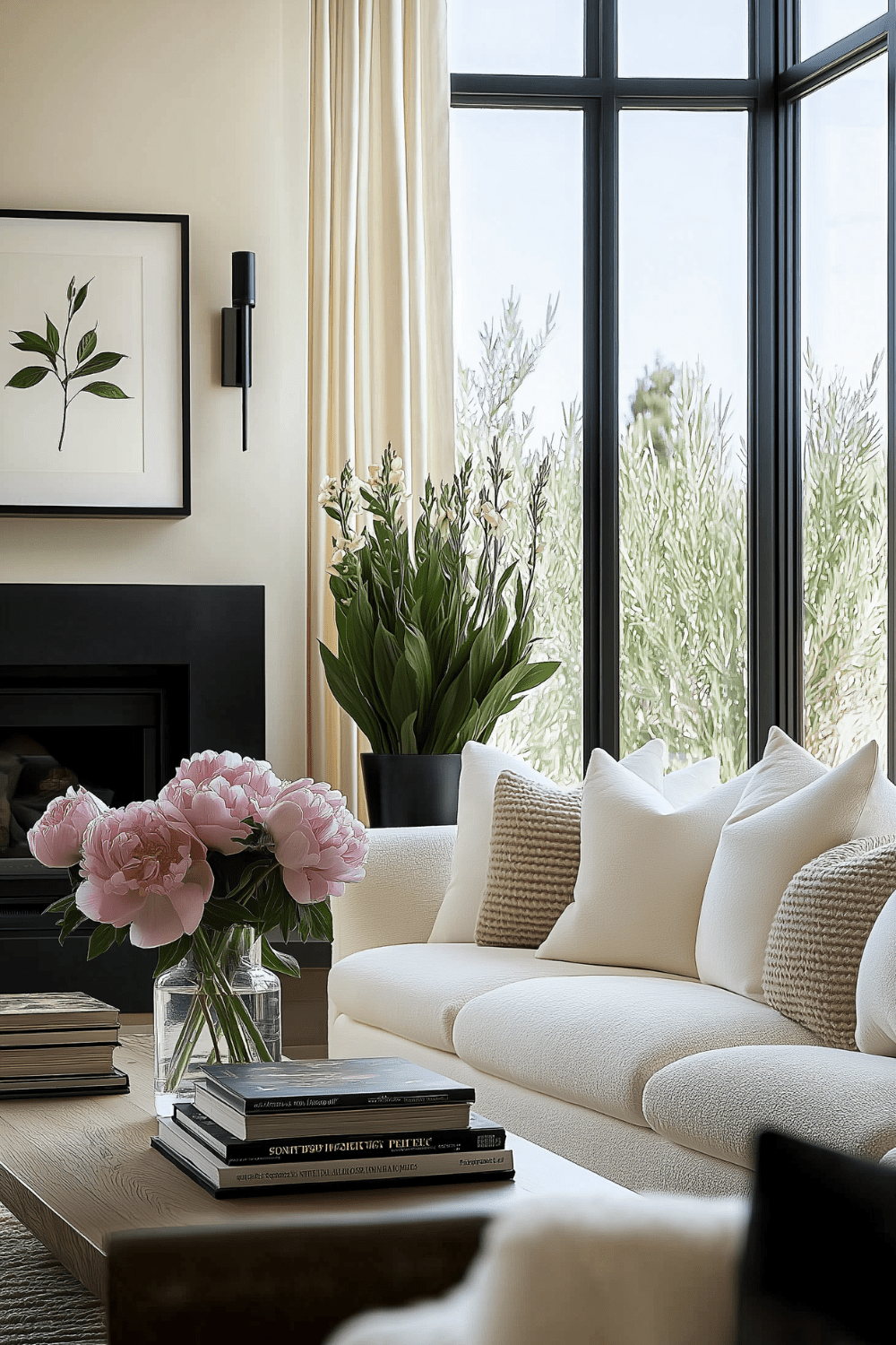 Organic Modern living room with pink peonies, neutral sofa, and spring floral decor.