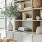 Organic Modern living room with green built-in shelves, woven baskets, neutral books, and a white vase with an olive tree for spring organization.