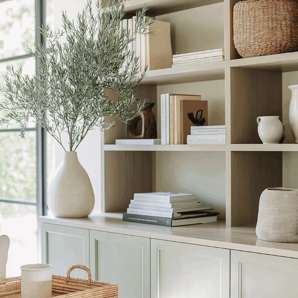 Organic Modern living room with green built-in shelves, woven baskets, neutral books, and a white vase with an olive tree for spring organization.