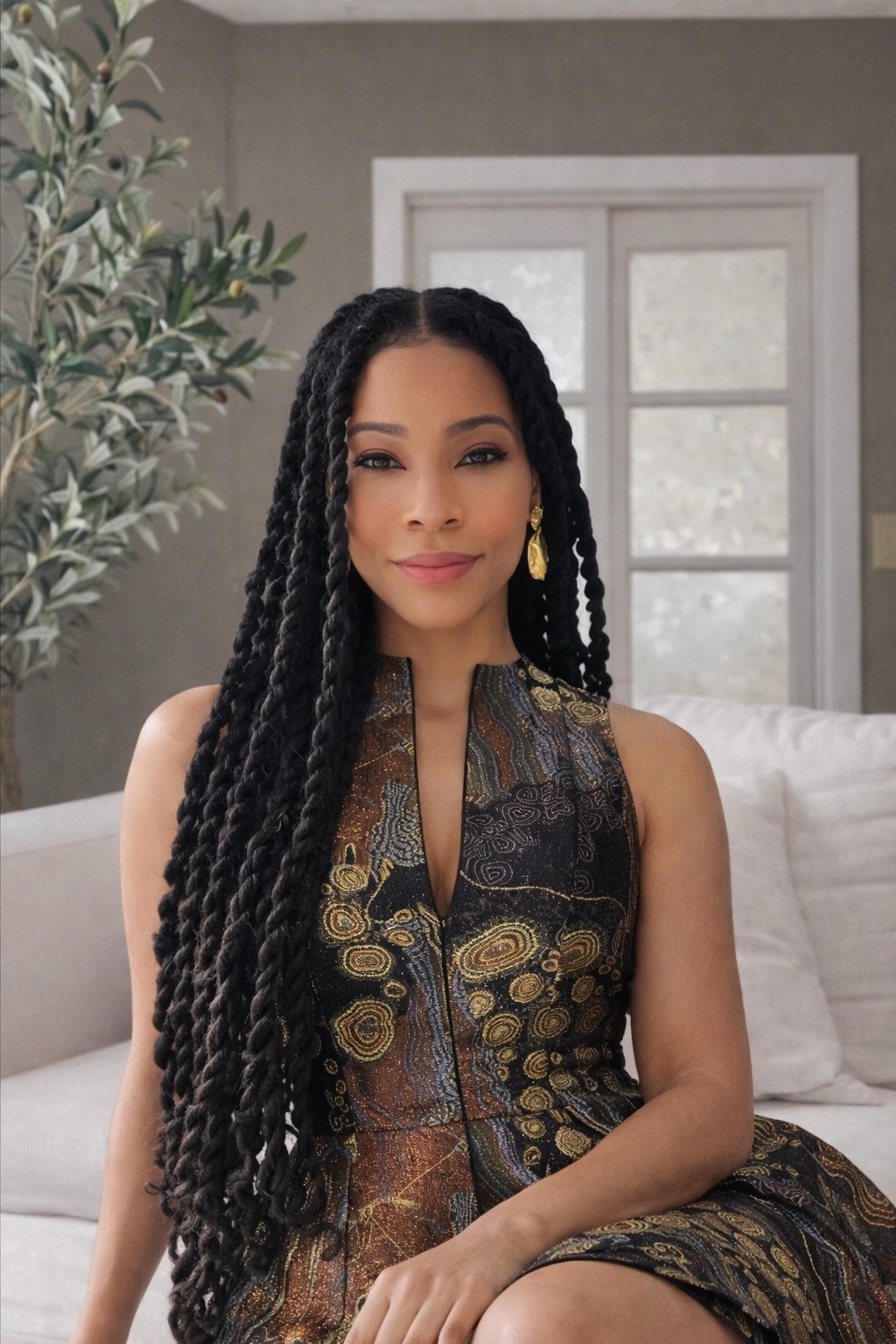Shanay Harvey, interior designer and creator of Divine Decor Finds, wearing a chic patterned dress in her softly styled neutral living room.