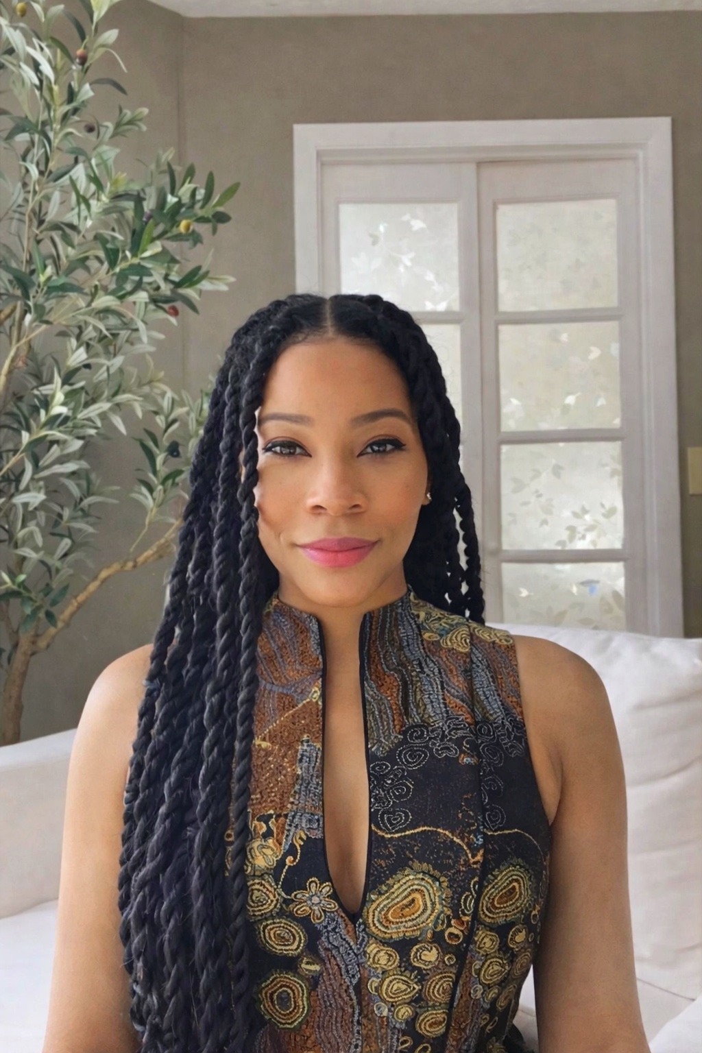 Shanay Harvey, interior designer and creator of Divine Decor Finds, wearing a chic patterned dress in her softly styled neutral living room.