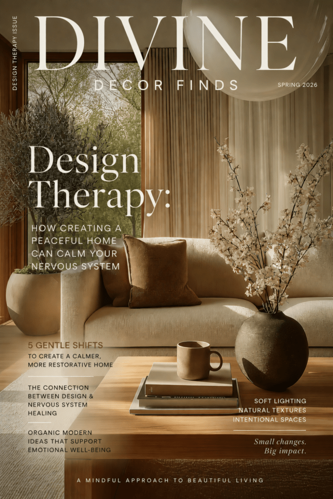 Editorial-style magazine cover featuring a calm Organic Modern living room with soft neutral tones, natural light, cherry blossom branches, and Japandi-inspired decor for a peaceful home and Design Therapy inspiration.