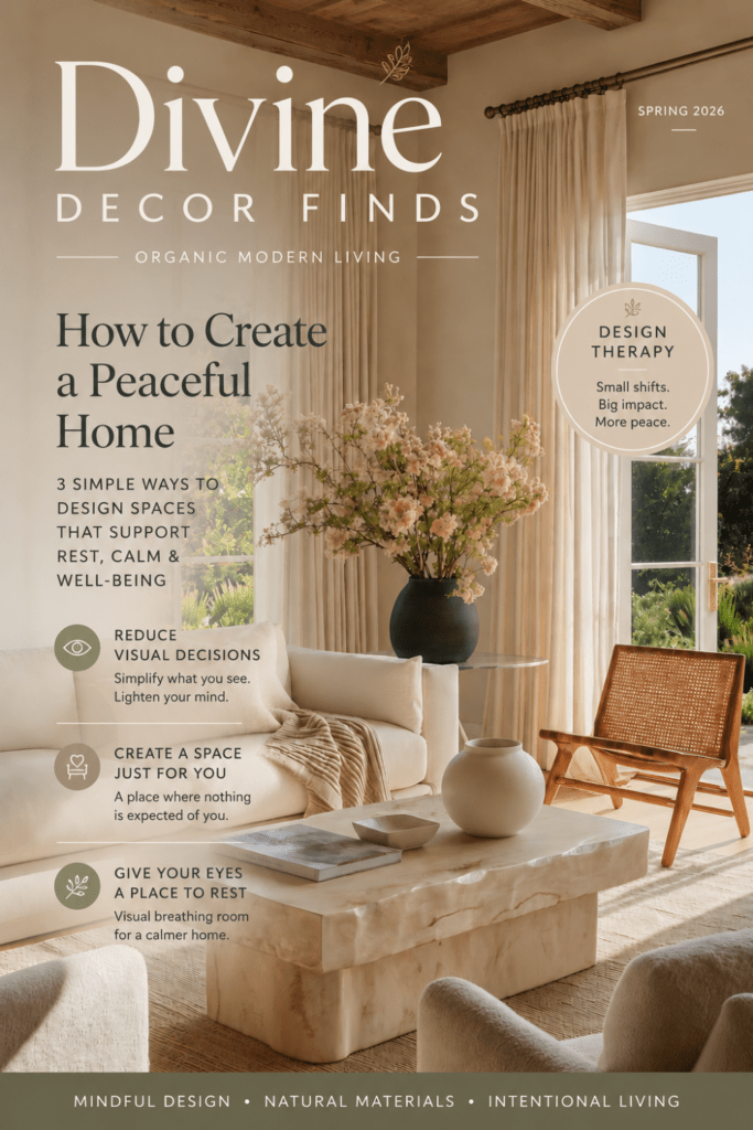 Magazine-style cover for Divine Decor Finds featuring an Organic Modern living room and tips for creating a home that feels peaceful.
