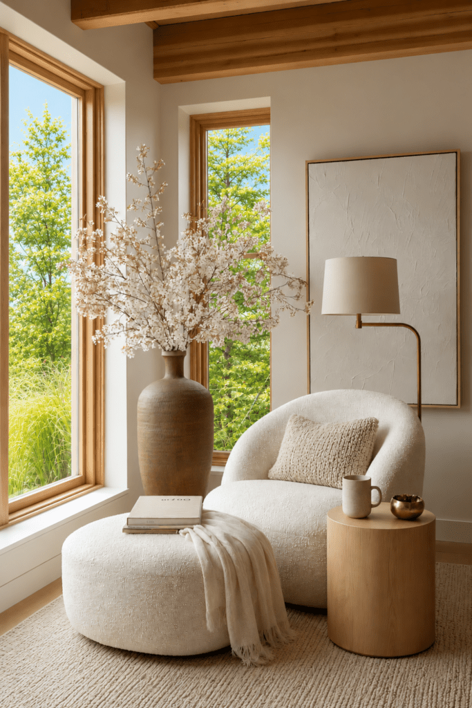 Organic modern reading nook with a boucle lounge chair, sculptural cherry blossom branches, brass floor lamp, textured throw pillow, and cozy layered styling.