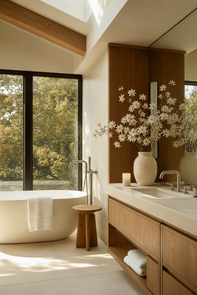 Organic modern bathroom with freestanding soaking tub, wood vanity, sculptural floral arrangement, and spa-inspired styling.