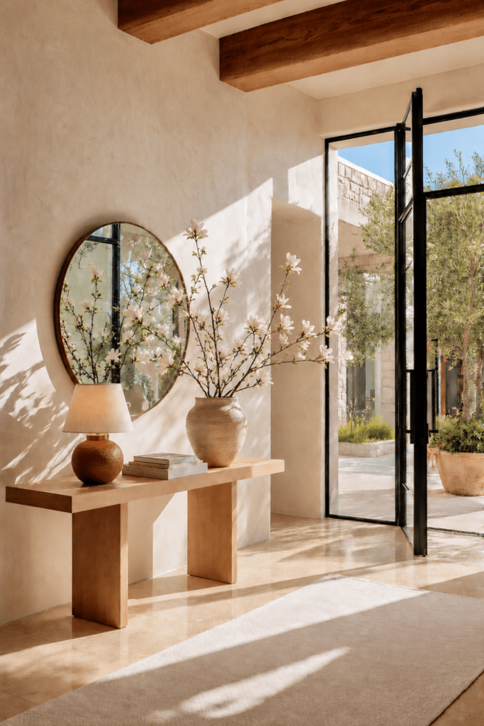 Organic modern entryway with sculptural magnolia branches, ceramic table lamp, wood console table, and open black French door filled with natural light.