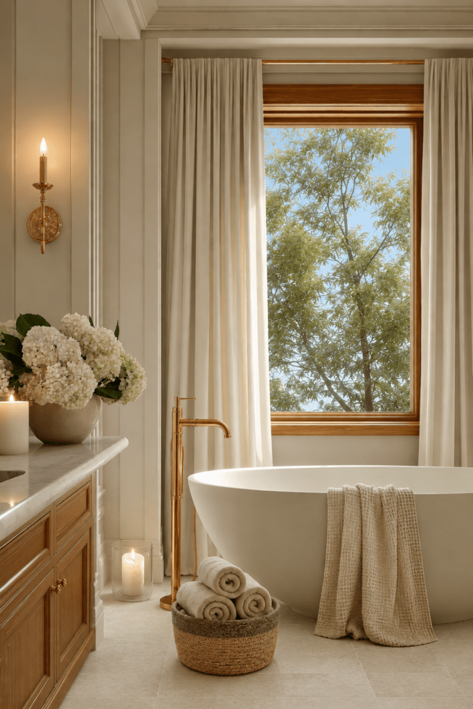 Organic Modern bathroom with freestanding tub, linen curtains, waffle-textured towel, candles, and natural materials.