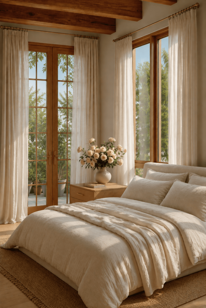 Organic Modern bedroom with linen curtains, layered bedding, warm wood furniture, and soft natural light creating a peaceful retreat.
