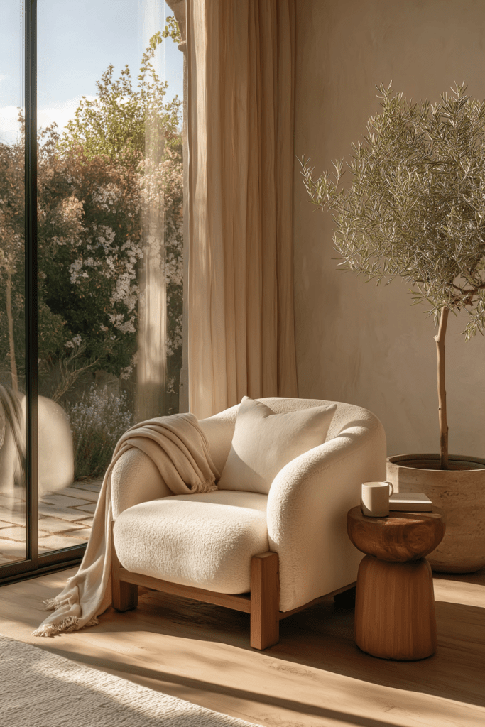 Cozy reading corner with a boucle lounge chair, warm wood accents, soft textiles, and garden views designed as a restorative space for relaxation.