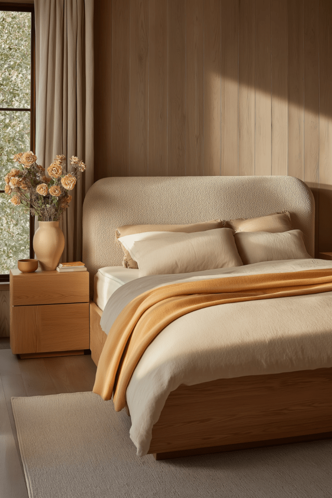Minimal Organic Modern bedroom featuring warm wood paneling, layered neutral bedding, and visual breathing room for a calm and peaceful atmosphere.