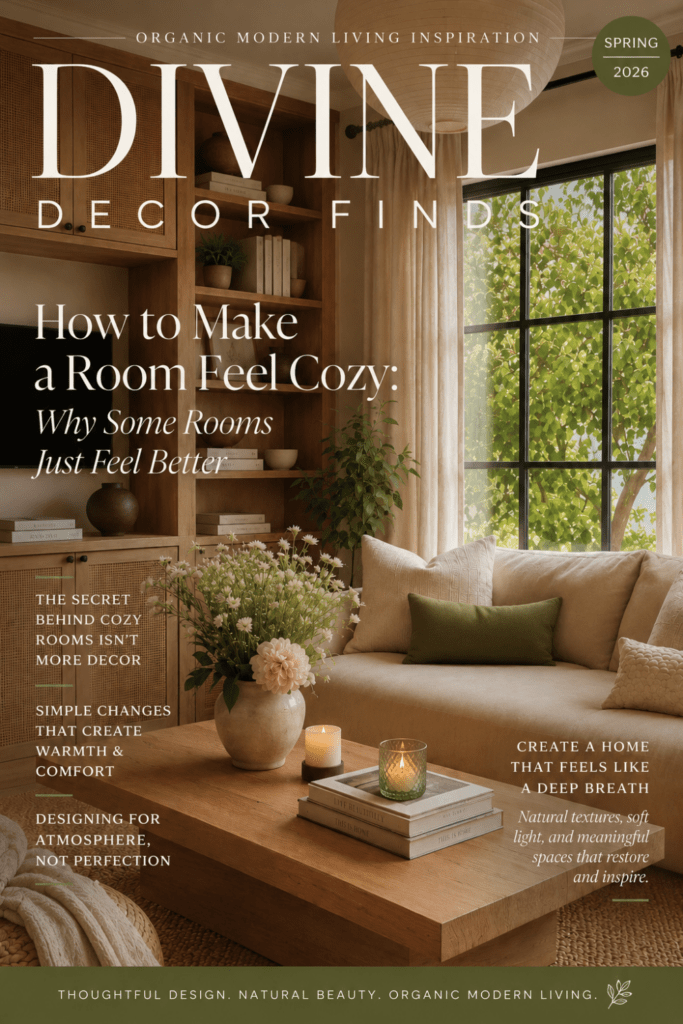 Magazine cover featuring an Organic Modern living room and the article How to Make a Room Feel Cozy: Why Some Rooms Just Feel Better.