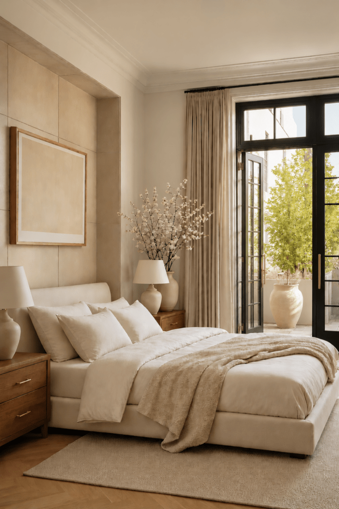 Luxury organic modern bedroom featuring plush white bedding, textured throw blanket, upholstered bed, and elegant French doors.