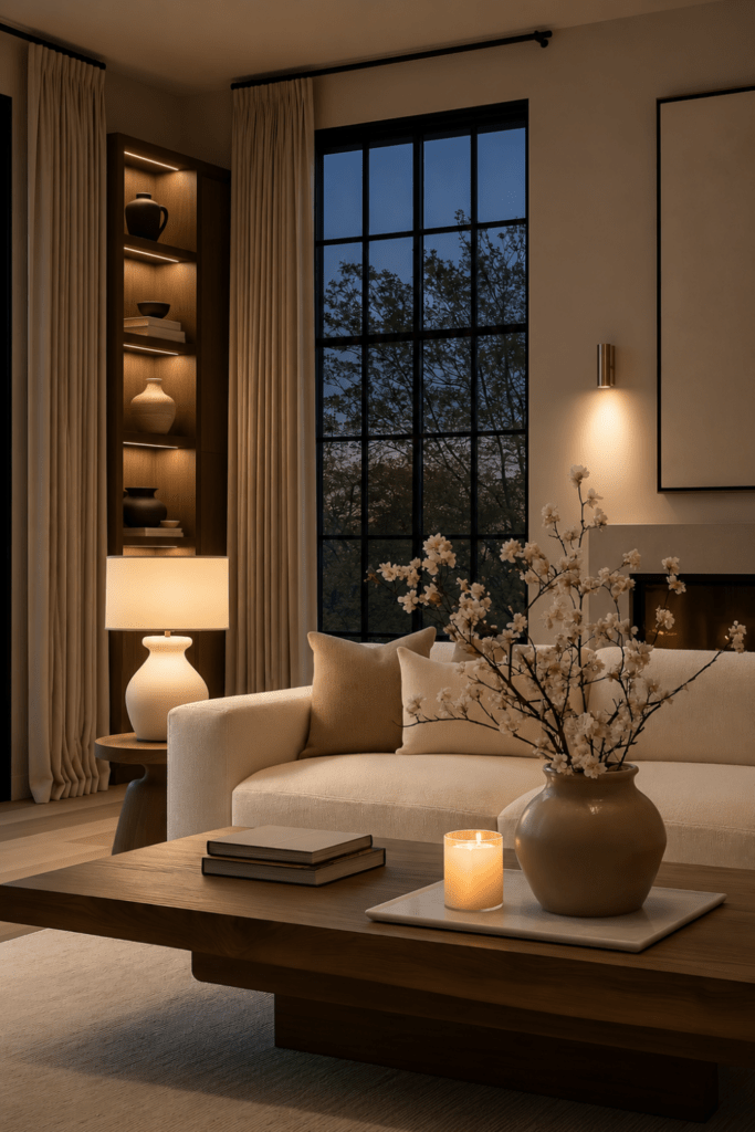 Organic modern living room with layered lighting, illuminated built-in shelves, a glowing fireplace, candles, and soft evening ambiance.