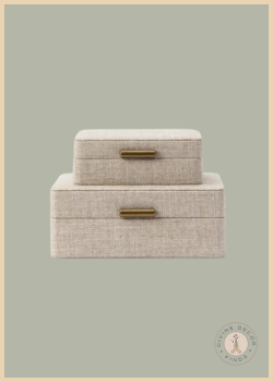 Natural Fabric Box by McGee & Co. featuring textured off-white fabric, brass hardware, and elegant concealed storage.
