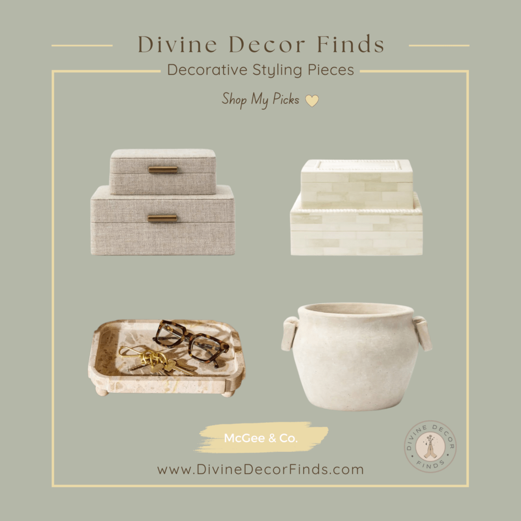 Decorative styling pieces for a quiet luxury home featuring fabric storage boxes, bone boxes, a marble tray, and an artisan planter by McGee & Co.