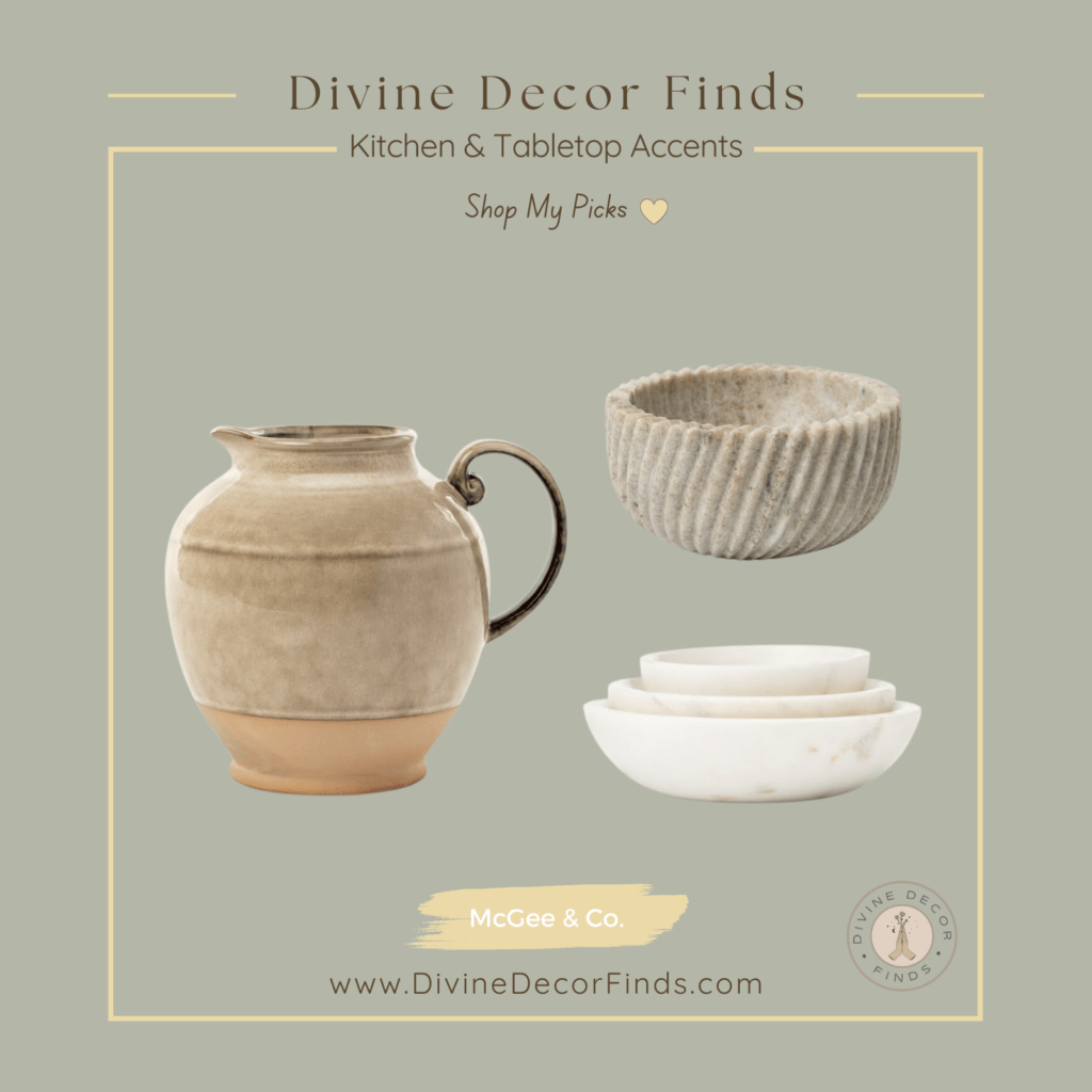 Kitchen and tabletop accents for a quiet luxury home featuring a stoneware pitcher, spiral marble bowl, and marble nesting bowls by McGee & Co.