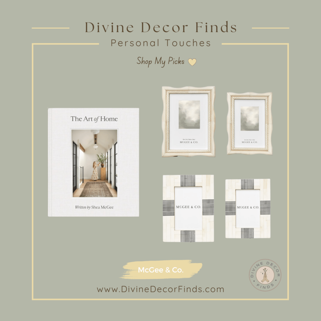 Personal touches for a quiet luxury home featuring The Art of Home book, striped bone frames, and heirloom-inspired picture frames by McGee & Co.