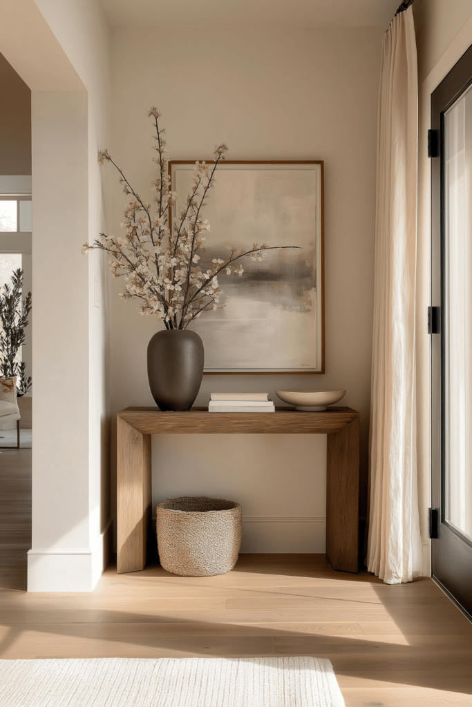 Organic Modern entryway with a wood console table, minimal decor, soft natural light, and visual breathing room to reduce visual clutter.