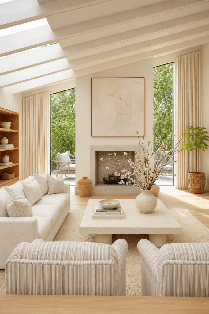 Organic modern living room with a soft neutral color palette, fireplace, natural light, layered textures, and calming designer-inspired styling.