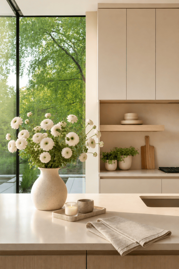Organic modern kitchen with fresh white ranunculus flowers, minimalist styling, marble tray, candle, and thoughtfully curated decor.