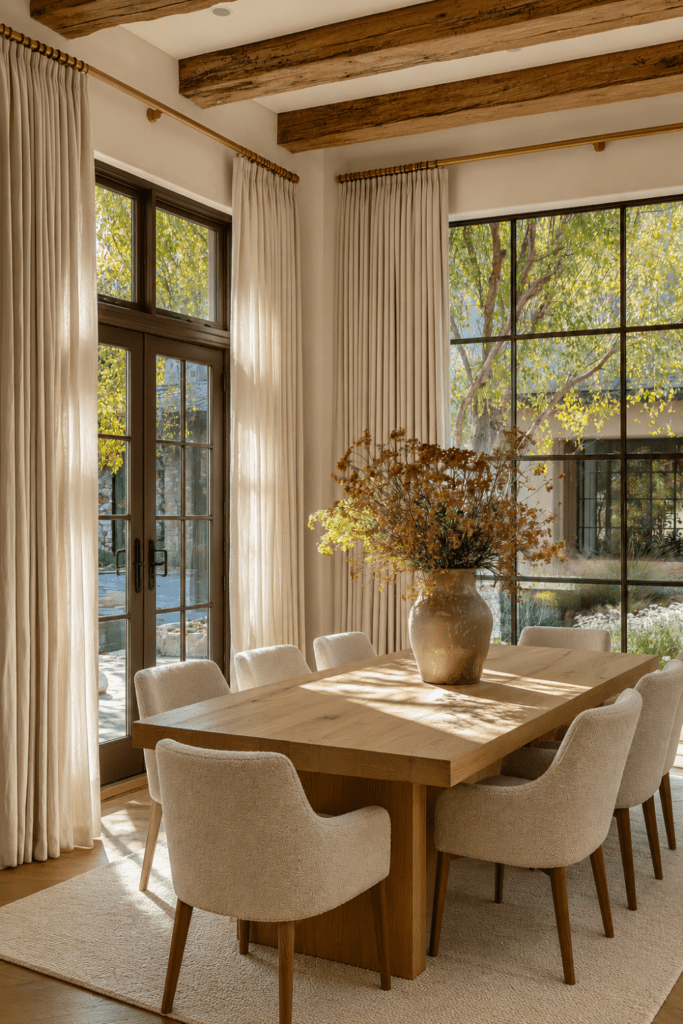 Organic Modern dining room with upholstered chairs, linen curtains, warm wood tones, and balanced furniture arrangement.