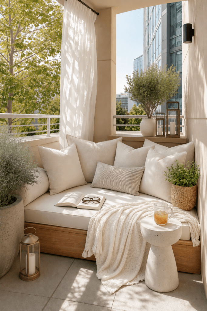 Built-in outdoor daybed styled with linen pillows, a lightweight knit throw, flowing curtains, lanterns, and warm afternoon sunlight.