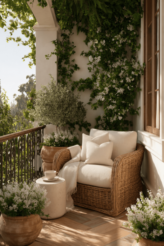 Outdoor seating area surrounded by climbing vines, flowering greenery, potted olive trees, and a woven lounge chair in morning sunlight.