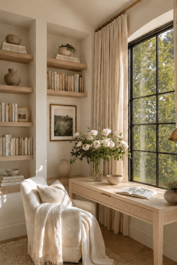 Organic Modern home office with bleached wood desk, built-in bookshelves, linen curtains, fresh flowers, and collected decor.