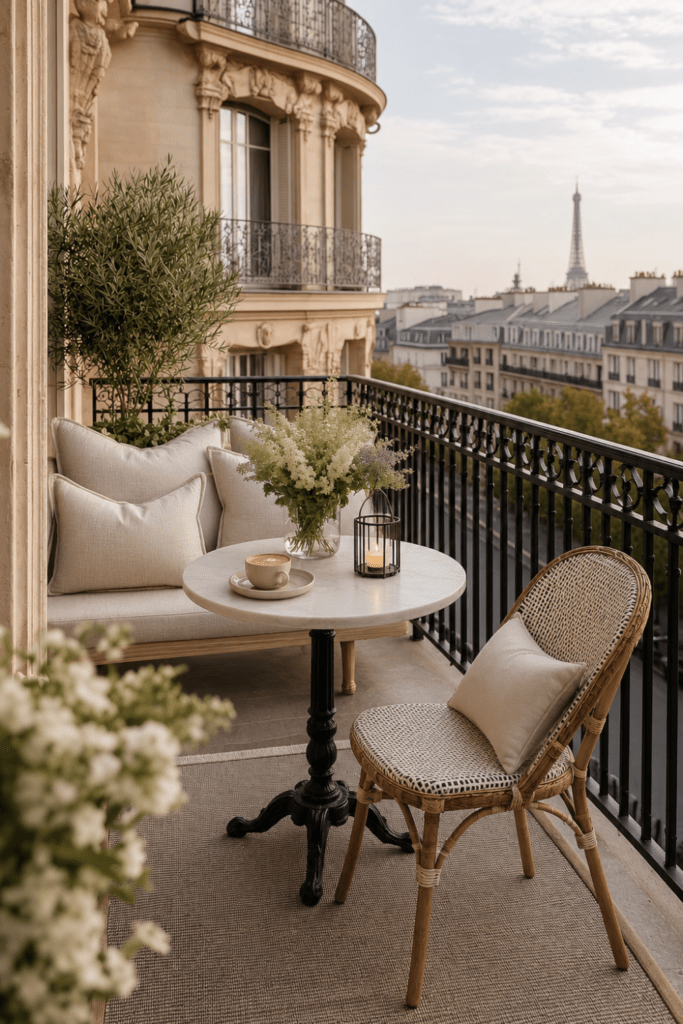 Elegant Parisian-style balcony with café seating, linen cushions, flowering arrangements, an olive tree, and city views.