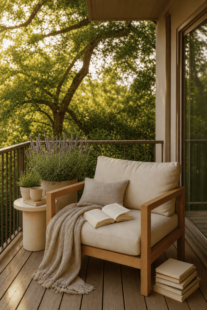 Comfortable outdoor reading corner featuring a lounge chair, open book, throw blanket, potted herbs, and dappled summer sunlight.