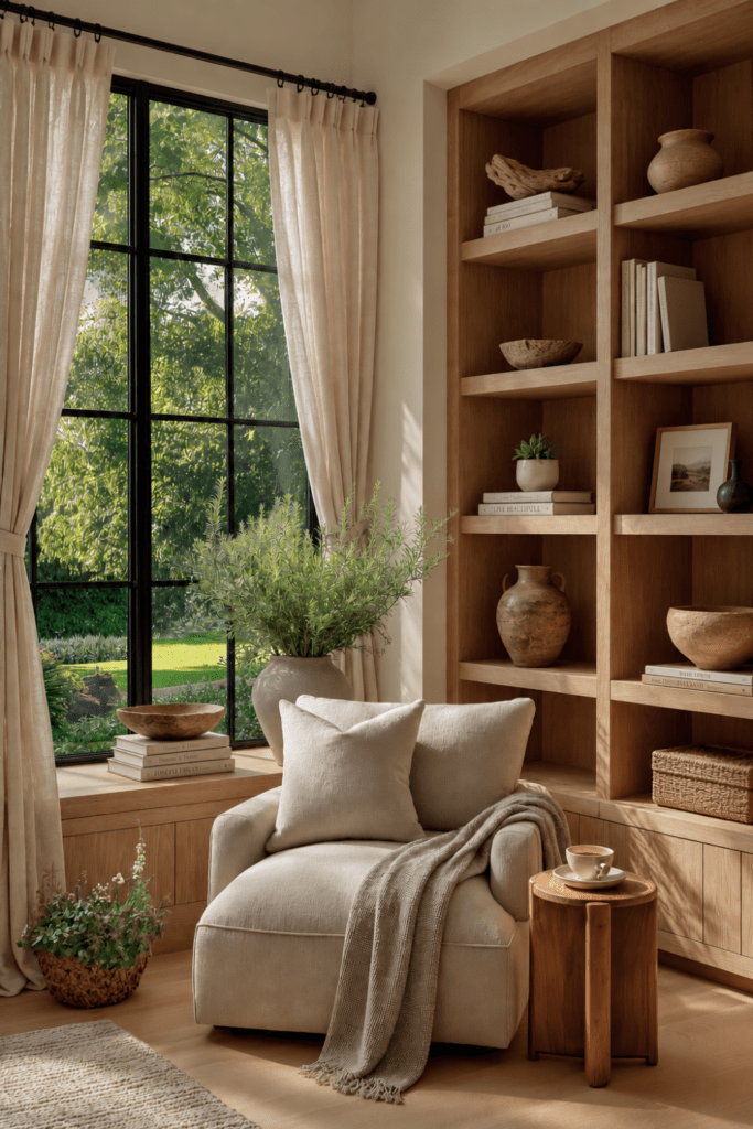 Organic Modern reading nook with linen curtains, built-in wood shelving, natural greenery, and minimal decor creating a cozy atmosphere.