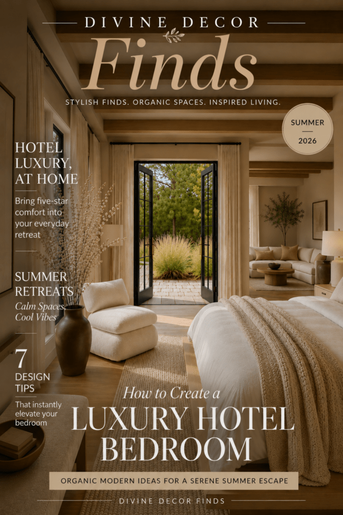 Magazine-style cover mockup featuring an organic modern luxury bedroom promoting the blog post The Secret to Making Your Home Feel Like a Luxury Hotel by Divine Decor Finds.