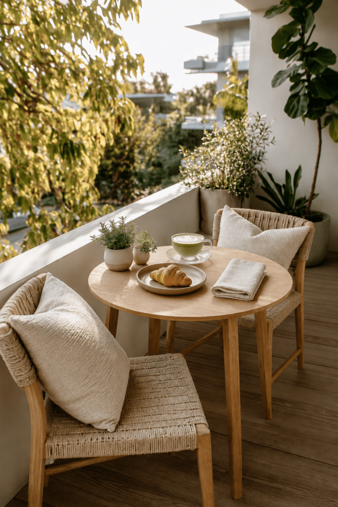 Small outdoor dining area with a wooden bistro table, woven chairs, matcha latte, croissant, potted plants, and soft morning light.