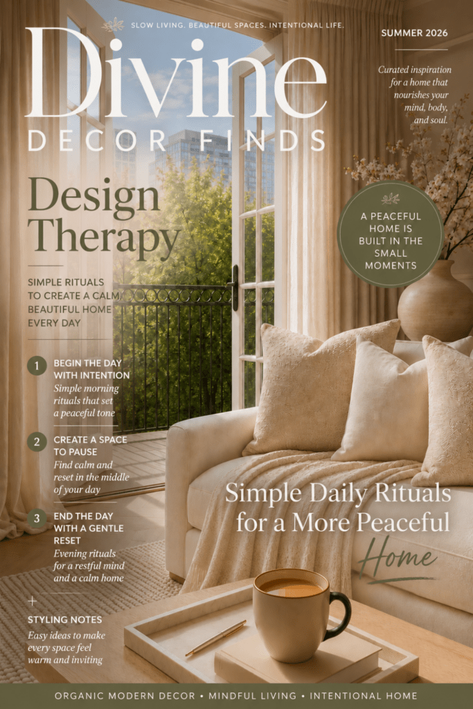 Magazine cover for "3 Daily Rituals That Turn Your Home Into a Sanctuary" featuring an Organic Modern living room with open French doors, soft linen curtains, a white sofa, and editorial text from Divine Decor Finds.