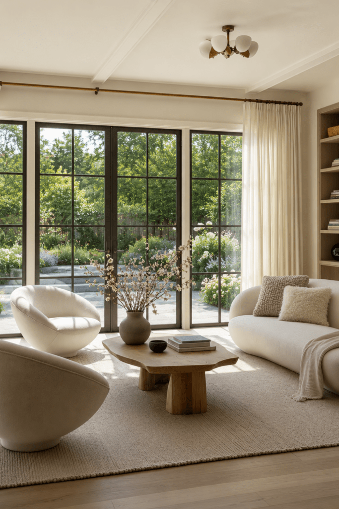 Organic Modern living room with curved seating, expansive glass doors, cherry blossom branches, and lush garden views creating a peaceful indoor-outdoor connection.