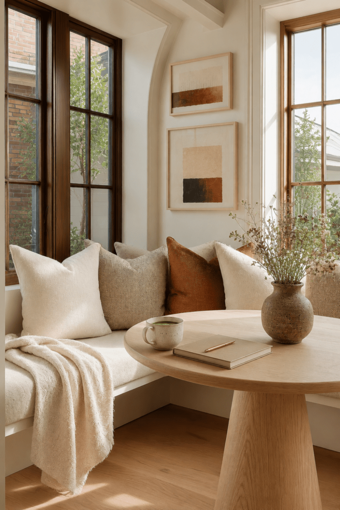 Organic Modern breakfast nook with built-in bench seating, white oak pedestal table, neutral pillows, ceramic matcha mug, journal, brass pen, and soft morning sunlight.