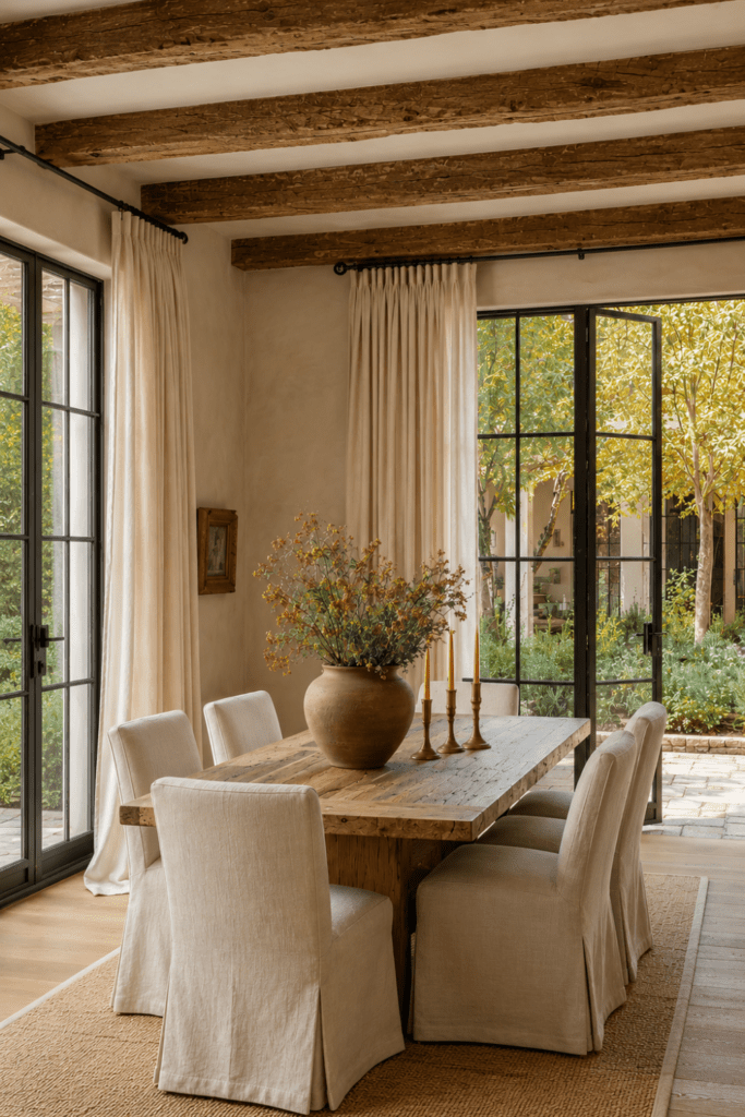Belgian-style dining room with reclaimed wood dining table, linen slipcovered chairs, handcrafted pottery, and flowing linen curtains.