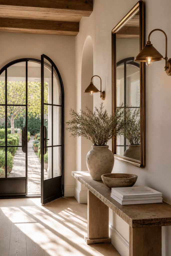 Belgian-inspired entryway with a rustic wood console table, antique brass sconces, oversized mirror, and natural greenery in soft neutral tones.