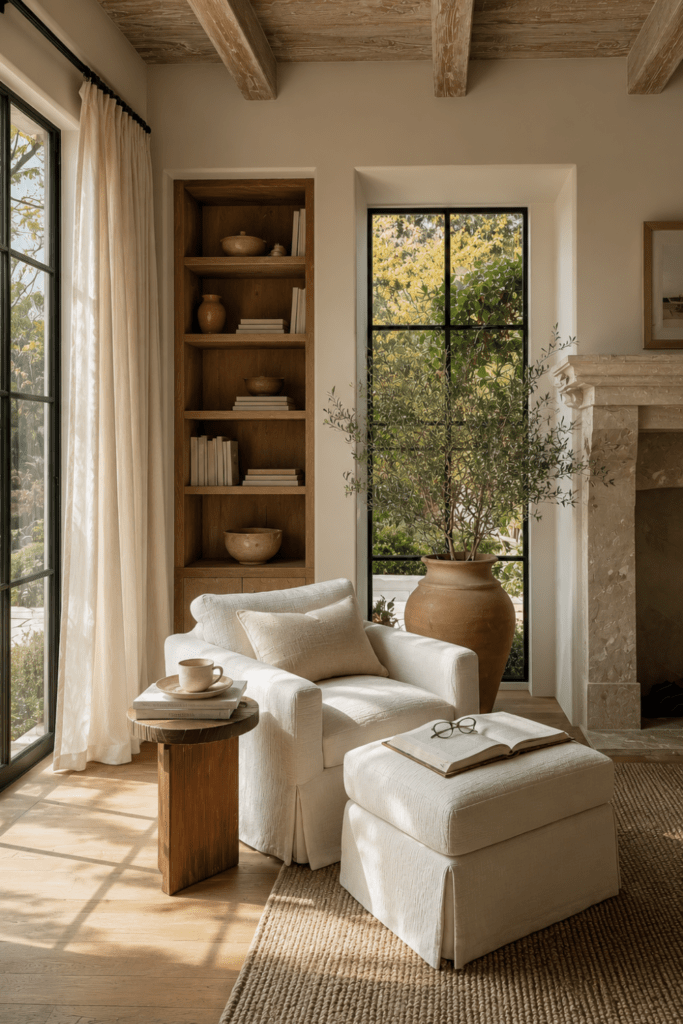 Belgian-inspired reading nook with a cozy linen reading chair, built-in wood bookshelves, limestone fireplace, and soft natural light.