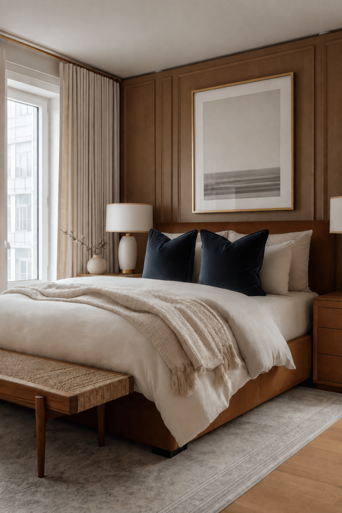 Organic Modern apartment bedroom with symmetrical nightstands, layered bedding, wood paneling, linen curtains, and elegant boutique hotel-inspired decor.
