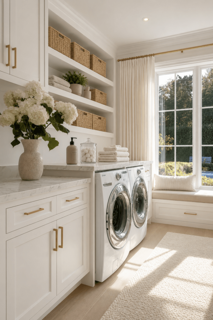 Bright and airy Organic Modern laundry room with warm white cabinetry, marble countertops, woven baskets, fresh greenery, and large windows.