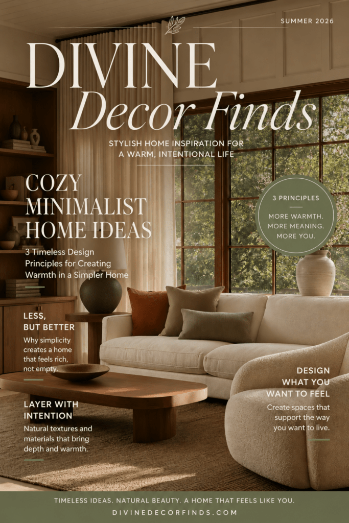 Divine Decor Finds magazine cover featuring cozy minimalist home ideas in a warm Organic Modern living room.