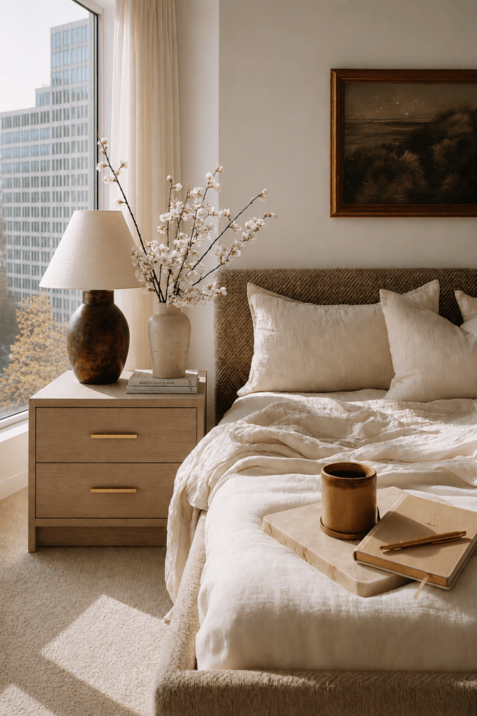 Organic Modern bedroom with a bedside journal, ceramic mug, marble tray, layered neutral bedding, and cozy morning ritual styling.