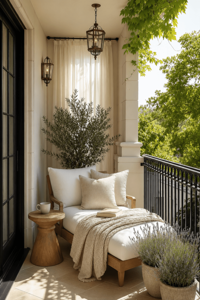 Peaceful balcony with a wooden lounge chair, soft knit throw blanket, linen curtains, olive tree, lavender planters, and warm morning sunlight.