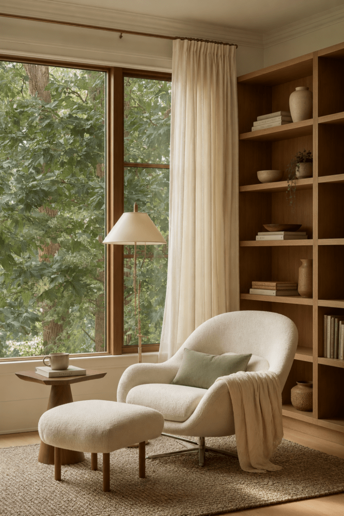 Cozy minimalist reading nook with boucle armchair, ottoman, warm wood bookshelves, floor lamp, and layered neutral textures.