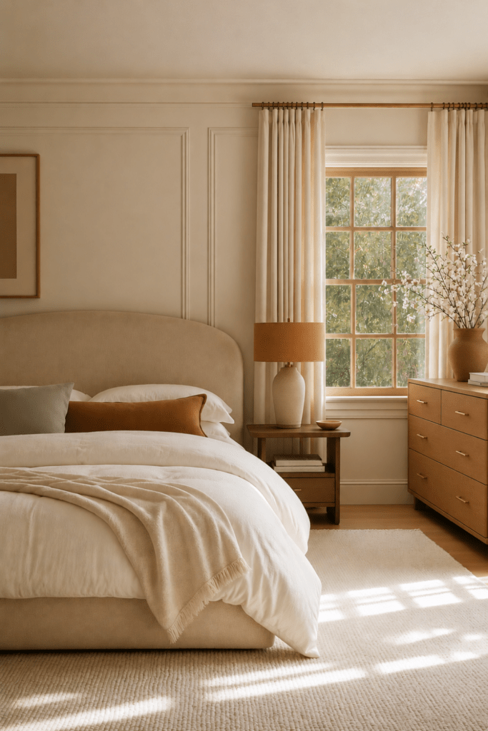 Warm minimalist bedroom with upholstered bed, layered ivory bedding, wood dresser, soft lighting, and white blossom branches.